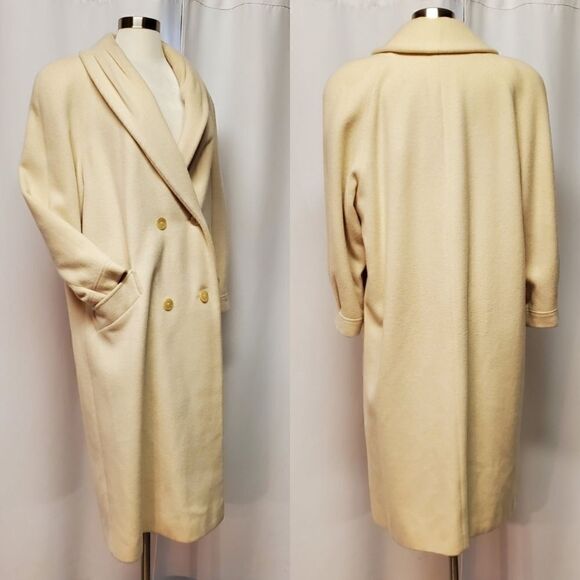 Vintage 80s Retro Cream Wool Blend Double Breasted Trench Coat XL - Picture 2 of 12